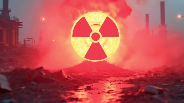 Industrial landscape at dusk featuring a glowing molten core and a prominent radioactive symbol