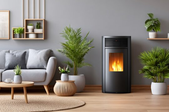 Modern living room interior with burning pellet stove and plants providing warmth and comfort