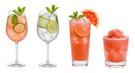 Four summer cocktails with grapefruit, cucumber, and lime, isolated on transparent background
