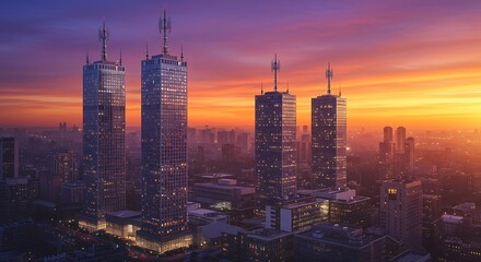 Naklejka premium Panoramic View of Metropolis at Dawn or Dusk