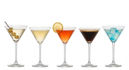 Five classic martinis, each with a unique garnish, isolated on transparent background