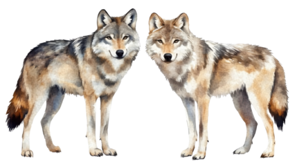 Two watercolor wolves as a couple hand painted wild animal pair romantic wildlife art isolated on white background