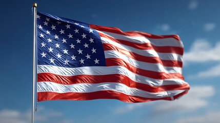 Fototapeta premium American Flag Waving in Clear Blue Sky