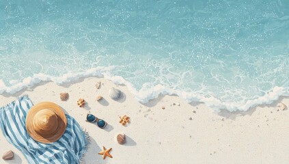 Naklejka premium Overhead view of a beach scene with a straw hat, striped beach towel, sunglasses, seashells, and starfish on a sandy shore near gentle waves