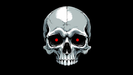 Fototapeta premium A detailed illustration of a metallic skull with glowing red eyes against a black background