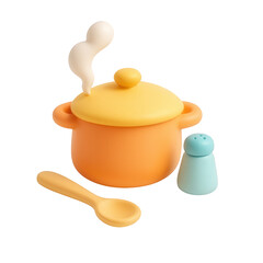 3D claymorphic cooking pot design featuring steam, spoon, and salt shaker in playful colors on a transparent background