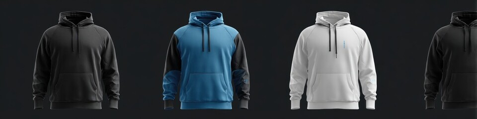 Four hooded sweatshirts displayed against a dark background; one black, one blue with black sleeves, one white, and one black