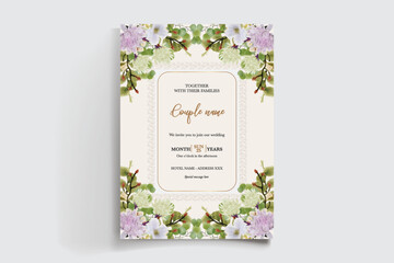 WEDDING INVITATION FRAME WITH FLOWER DECORATIONS AND FRESH LEAVES