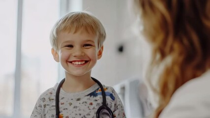 A cute little boy smiles at the camera while wearing a stethoscope around his neck. The child is playing doctor in a modern, bright healthcare environment. - Powered by Adobe