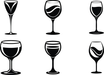 wine glass silhouette set, black white icon, minimalist drink vector