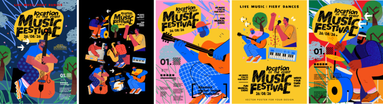 Music band and summer festival. Vector illustration of musicians, people and musical instruments: drums, double bass, synthesizer, saxophone, guitar and singer with microphone for poster or background