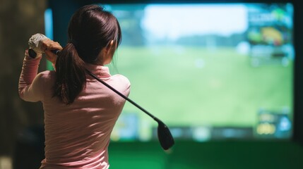 A woman is playing a video game of golf. She is holding a golf club and swinging it
