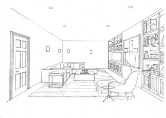 Black and white sketch of a modern style living room.