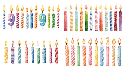 Watercolor illustrations of colorful striped and numbered birthday candles with flames, perfect for celebration designs, invitations, and cake decor.

