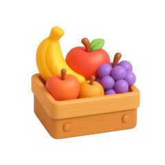 Colorful 3D claymorphic fruit basket with bananas and apples on transparent background