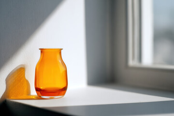 minimalist of morning light softly illuminating windowsill with single glass vessel
