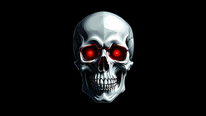 A gleaming silver skull with glowing red eyes stares intensely against a black background