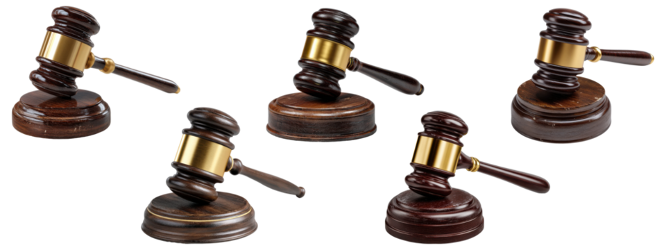 Collection of wooden judge gavels with golden bands and round bases