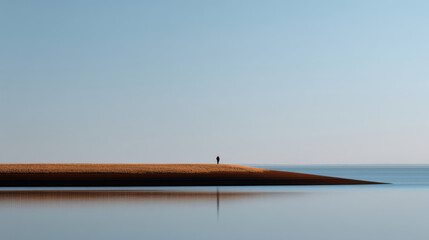 serene scene of lone figure standing at edge of reservoir in canada during sunrise
