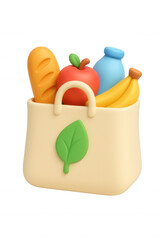 Colorful claymorphic grocery bag filled with fresh produce and essentials on transparent background