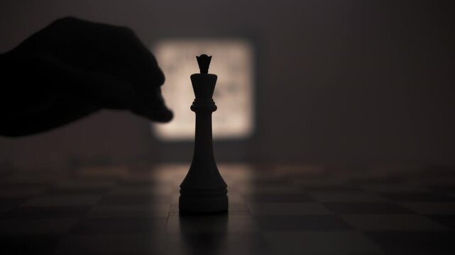 Hand very carefully removes the queen piece from center of the chessboard