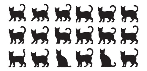 Fototapeta premium Collection of black cat silhouettes in various poses against a white background