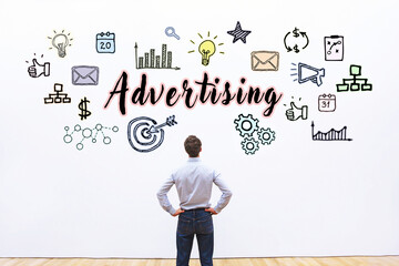 Advertising concept on white wall with digital marketing icons drawing. Advertisement goal and marketing strategy.