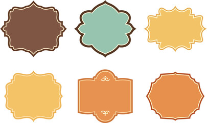Set of six decorative vintage label frames in various warm and earthy colors