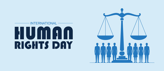 International human rights day celebration with scales of justice and diverse people