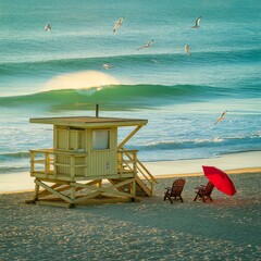 Beach lifeguard tower with chairs and umbrella