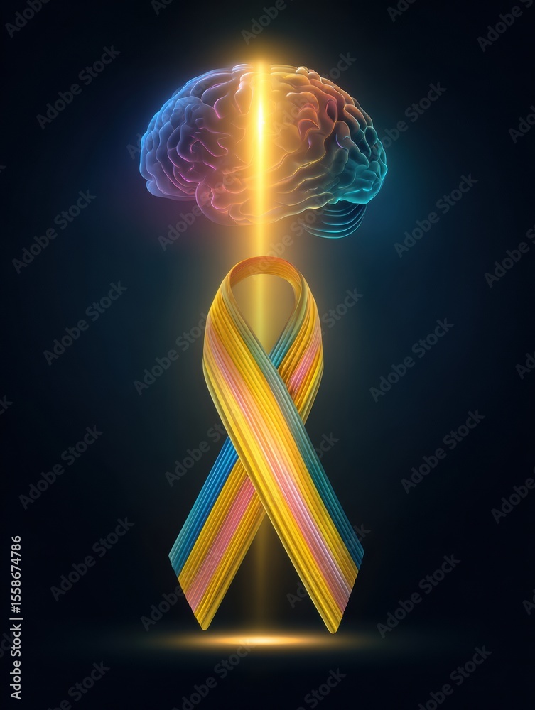 Poster colorful brain with glowing ribbon symbolizing awareness and creativity in a vibrant abstract settin