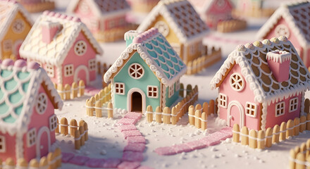 Naklejka premium Colorful and Charming Gingerbread Houses Surrounded by Sweet Frosting with Delicate Details and Festive Decorations During a Magical Winter Season