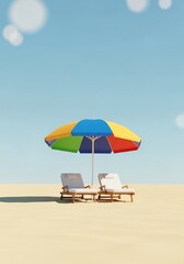 Beach scene with umbrella and lounge chairs