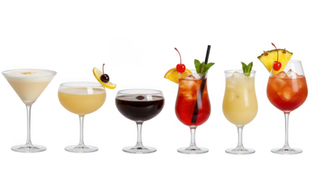 Six assorted cocktails in various glasses with garnishes, isolated on transparent background