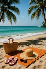 Beach vacation accessories near ocean and palm trees