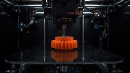 Orange 3D printed gear on printer platform in dark industrial environm