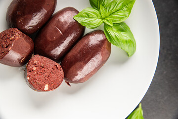 Black pudding sausage fresh delicious gourmet food background on the table rustic food top view copy space