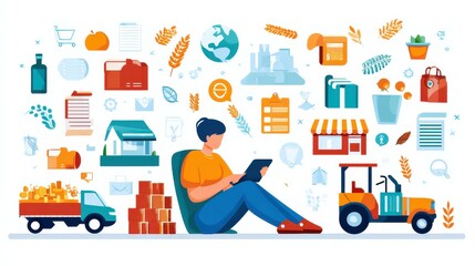 Entrepreneur managing farm business and logistics with digital tablet