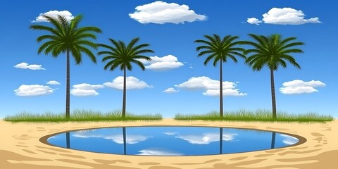 Fototapeta premium Oasis with palm trees, reflection on water surface in desert landscape