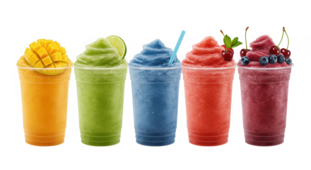 Five colorful smoothies in plastic cups with fresh fruit, isolated on transparent background