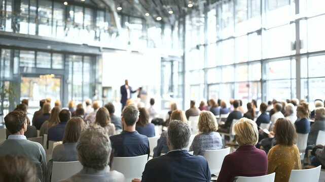 Back view of audience at professional event with stage and speaker, symbol of communication, business strategy, and career growth career event, communication strategy, speaker on s,Audience en