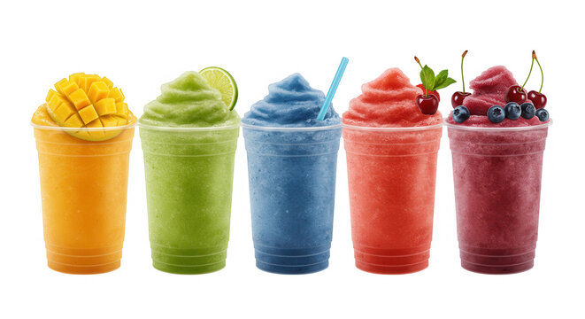 Five colorful smoothies in plastic cups with fresh fruit, isolated on transparent background