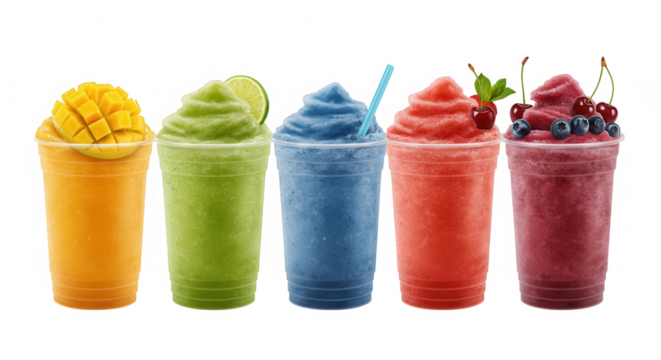 Five colorful smoothies in plastic cups with fresh fruit, isolated on transparent background