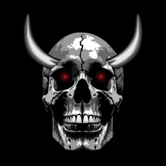 Happy Halloween concept. Scary skull mask. Angel of death with glowing red eyes on dark background with space for text. Scary skeleton ghost.
Horned demon illustration looking at you.