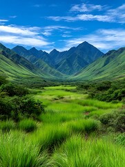 Obraz premium Lush valley with mountain peaks