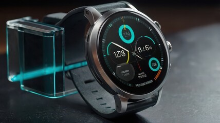 Close up of a smartwatch with a black band and a glass display stand on a dark surface showing data