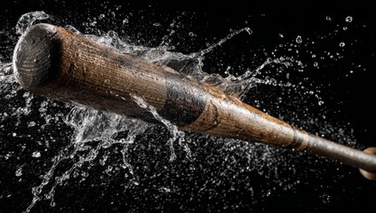 Wooden Baseball Bat Striking Water Creating Splash in Black Background