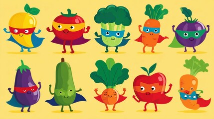 Superhero vegetables and fruits standing and smiling wearing capes and masks
