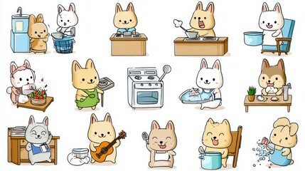 Adorable cartoon rabbits doing various activities, cooking, cleaning, and playing music