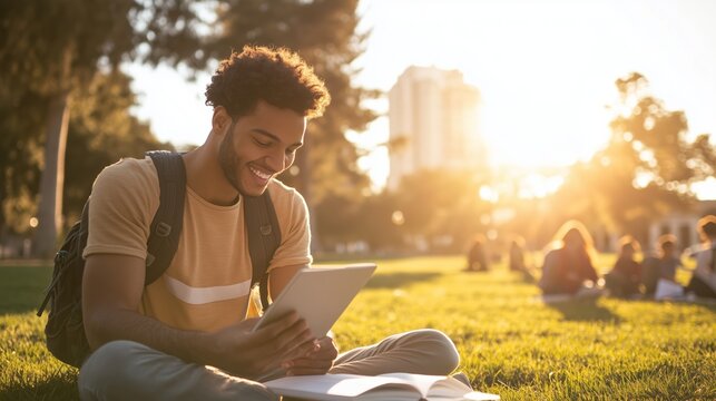 Young man enjoying reading on a tablet in a sunny park during afternoon